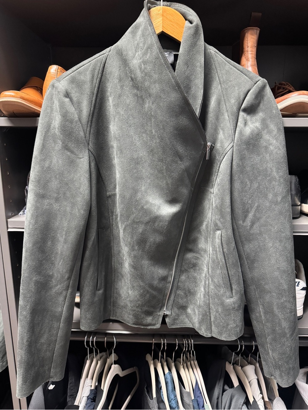 Tahari Gray Suede Asymmetric Zip Jacket